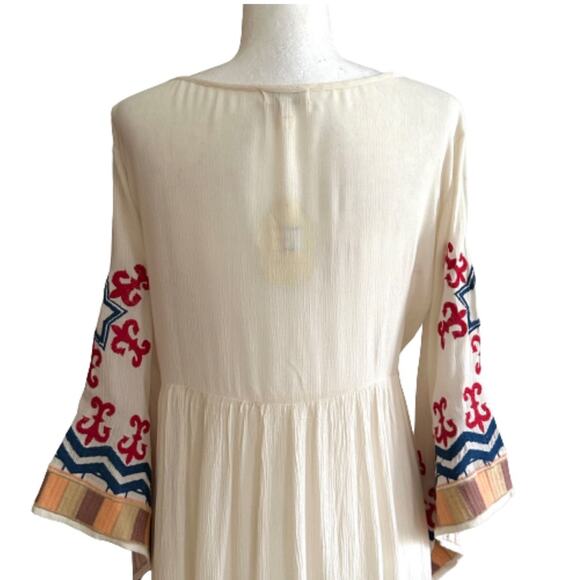Velzera Dress Cream Brown Red Blue Embroidered Bell Sleeve Tunic Boho Medium NEW - Picture 6 of 12